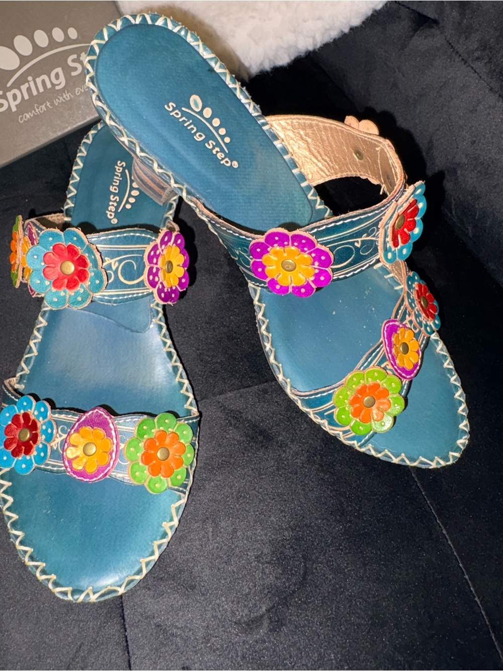 Boho style Teal Leather Sandals with Multicolor Flower Appliqués